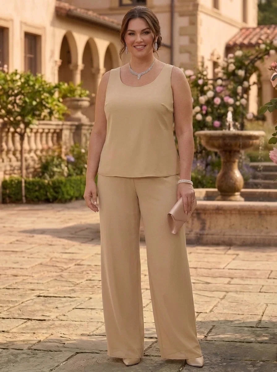 3 Pieces Suit Scoop Chiffon Lace Plus Size Mother of the Bride Pantsuits with Jacket Floral Floor-Length 3/4 Sleeves