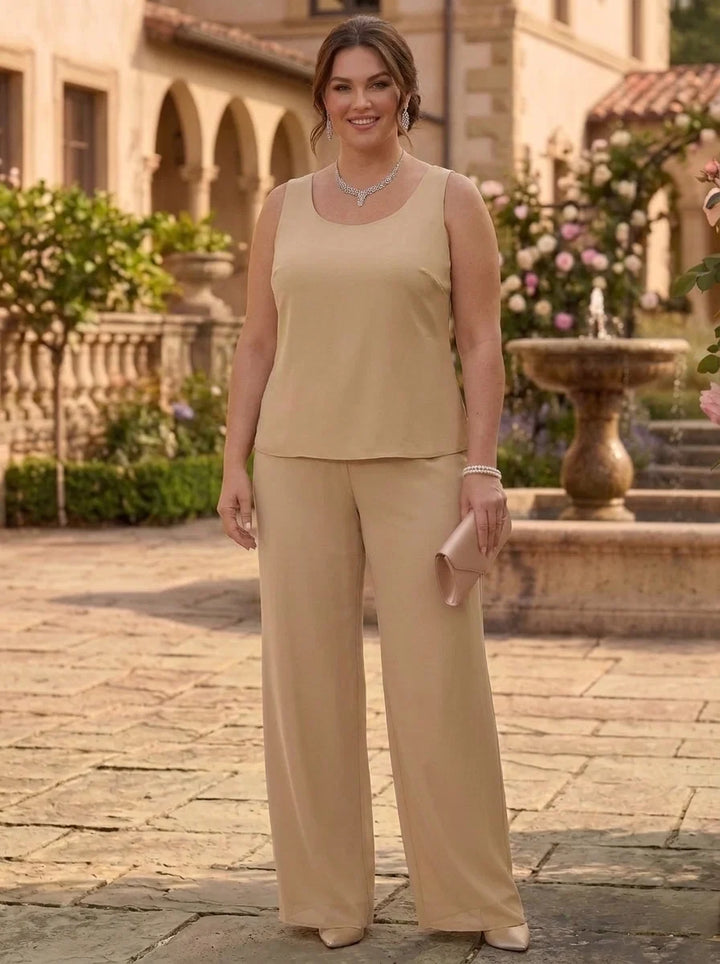 3 Pieces Suit Scoop Chiffon Lace Plus Size Mother of the Bride Pantsuits with Jacket Floral Floor-Length 3/4 Sleeves