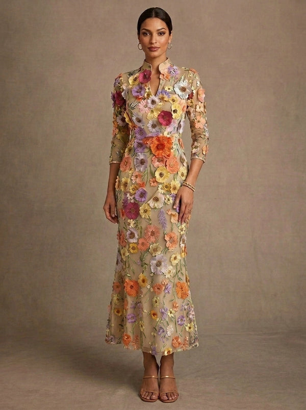 Sheath/Column V-Neck Mother of the Bride Dresses Lace Embroidery Floral 3/4 Sleeves Tea-Length