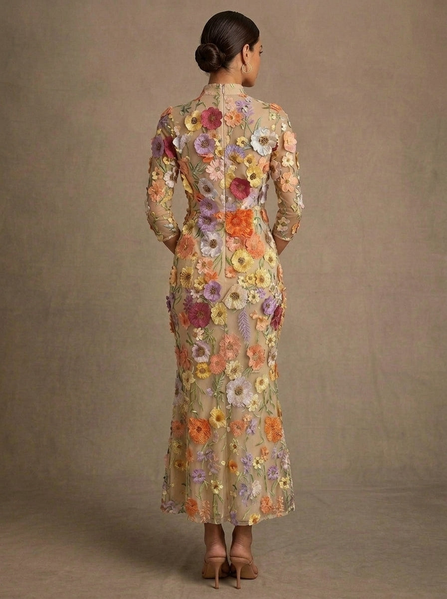 Sheath/Column V-Neck Mother of the Bride Dresses Lace Embroidery Floral 3/4 Sleeves Tea-Length