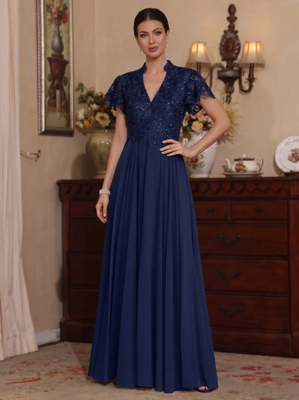 A-Line/Princess Chiffon V-Neck Mother of the Bride Dresses Lace Sequins Floor-Length Short Sleeves