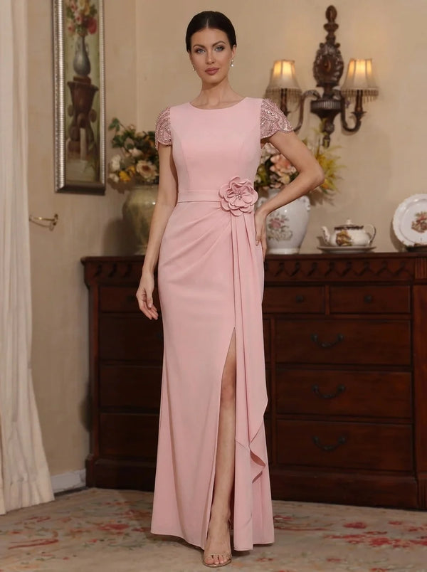 Sheath/Column Scoop Elastic Chiffon Mother of the Bride Dresses with Split Side 3D Flower Floral Floor-Length Short Sleeves