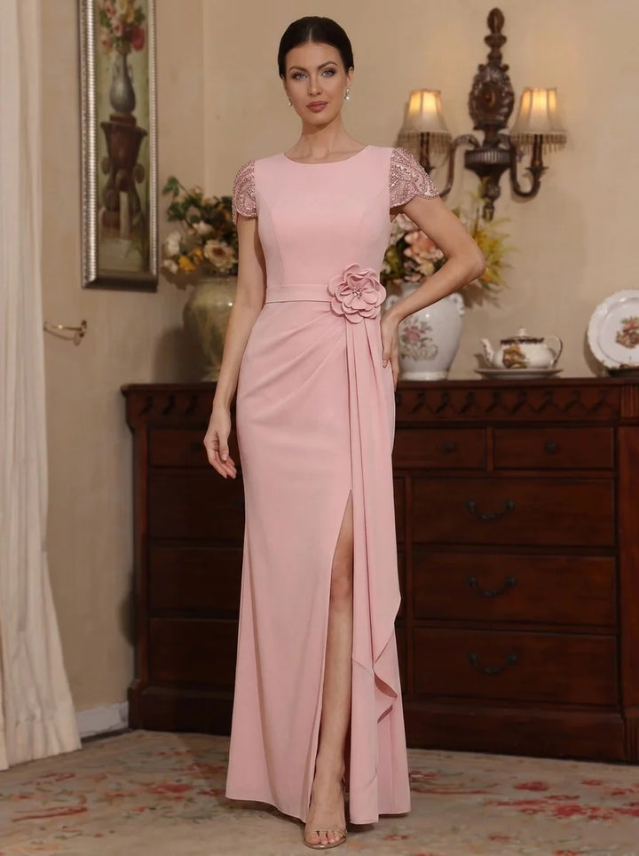 Sheath/Column Scoop Elastic Chiffon Mother of the Bride Dresses with Split Side 3D Flower Floral Floor-Length Short Sleeves