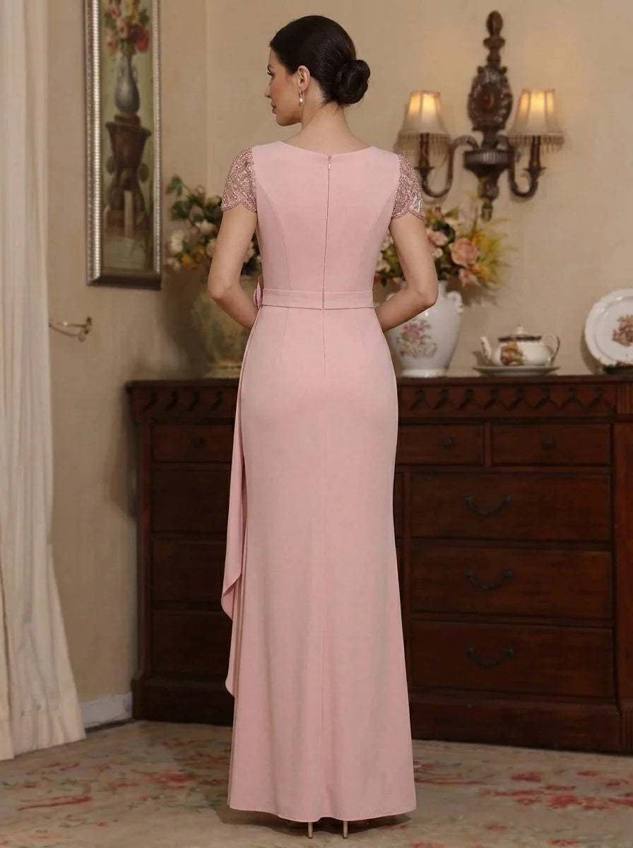 Sheath/Column Scoop Elastic Chiffon Mother of the Bride Dresses with Split Side 3D Flower Floral Floor-Length Short Sleeves