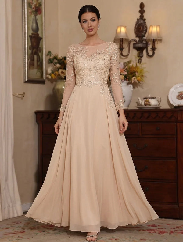 A-Line/Princess Chiffon Scoop Mother of the Bride Dresses Lace Floral Ankle-Length Long Sleeves