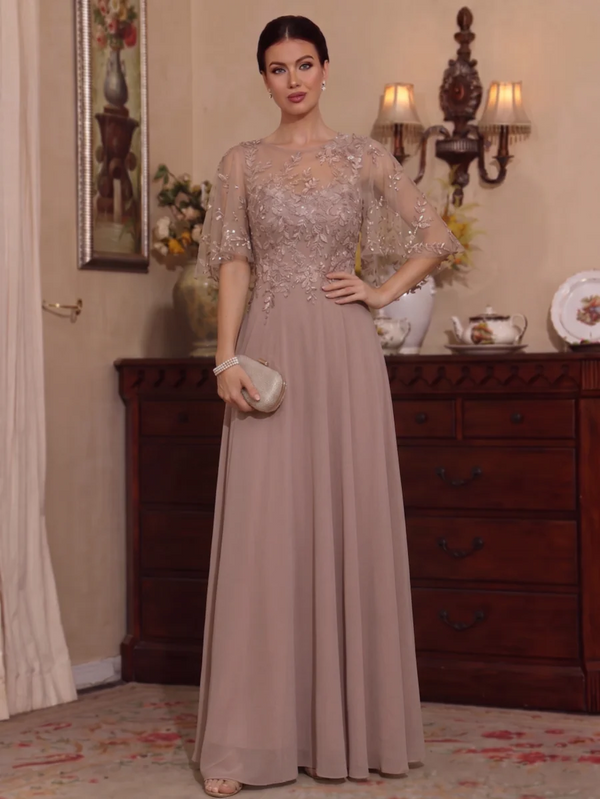 A-Line/Princess Scoop Chiffon Mother of the Bride Dresses Lace Floral Floor-Length Half Sleeves