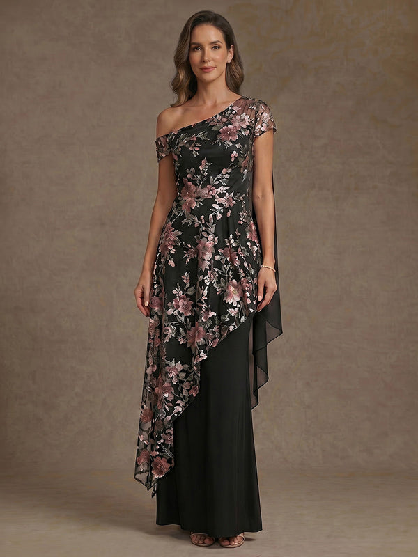 Sheath/Column Asymmetrical Neck Mother of the Bride Dresses Floral Short Sleeves Ruffles Floor-Length