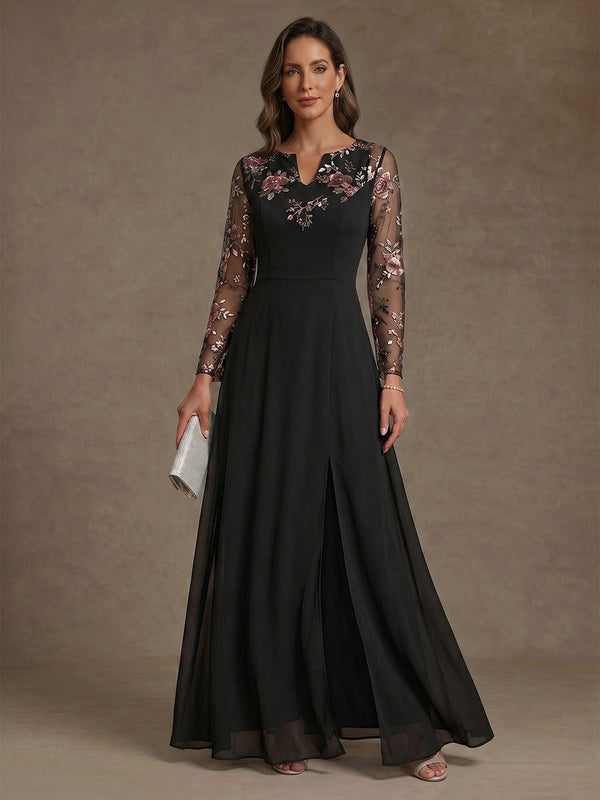 A-Line/Princess V-Neck Chiffon Mother of the Bride Dresses Floral Long Sleeves Ankle-Length