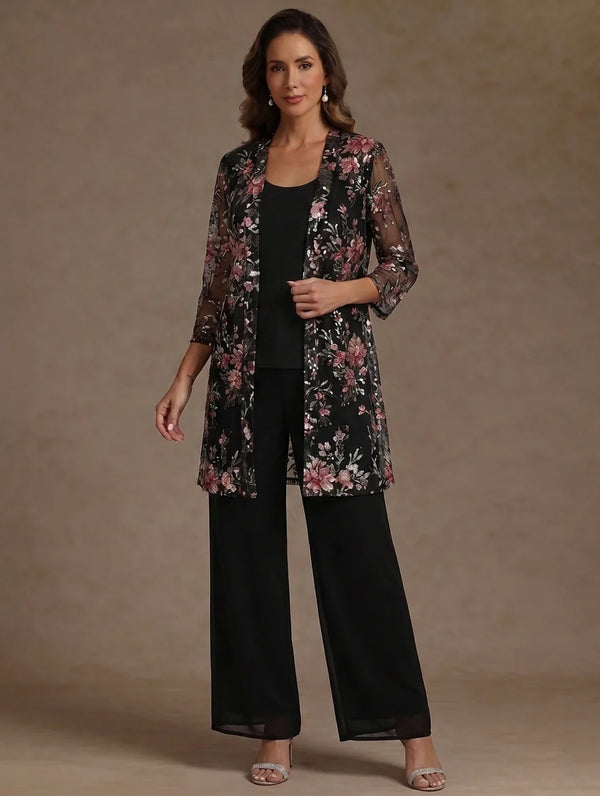 3 Pieces Suit Scoop Chiffon Mother of the Bride Pantsuits with Jacket Floral 3/4 Sleeves Ankle-Length