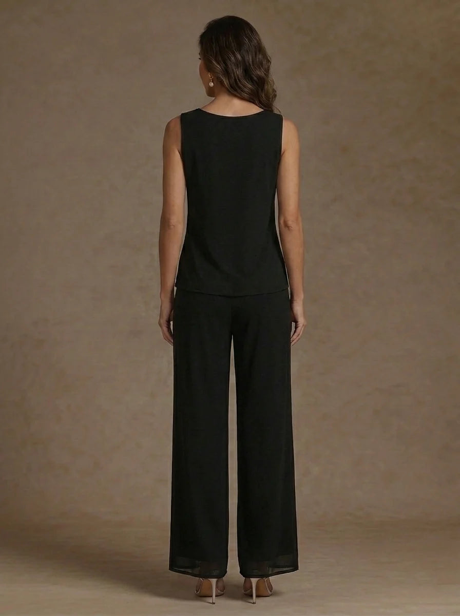 3 Pieces Suit Scoop Chiffon Mother of the Bride Pantsuits with Jacket Floral 3/4 Sleeves Ankle-Length