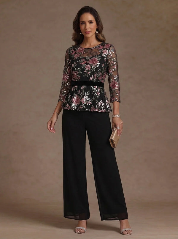 3 Pieces Suit Scoop Chiffon Mother of the Bride Pantsuits Floral 3/4 Sleeves Ankle-Length