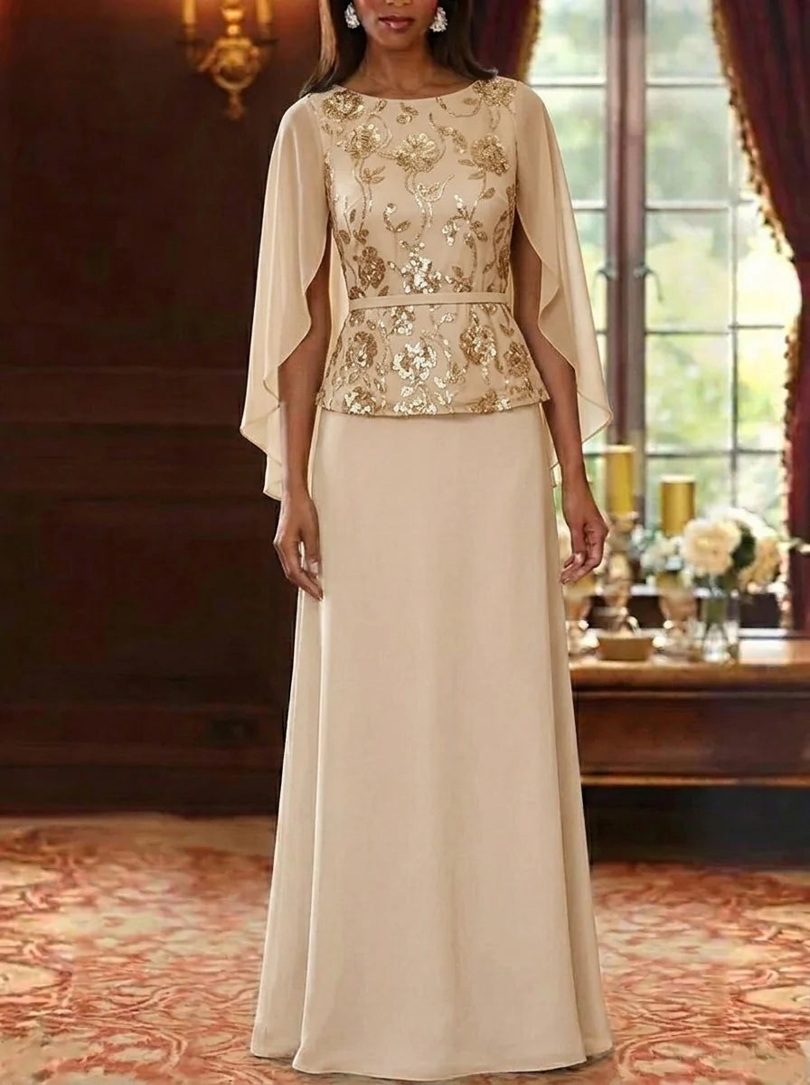 A-Line/Princess Scoop Chiffon Mother of the Bride Dresses Floral Sequins Floor-Length Cape Sleeves