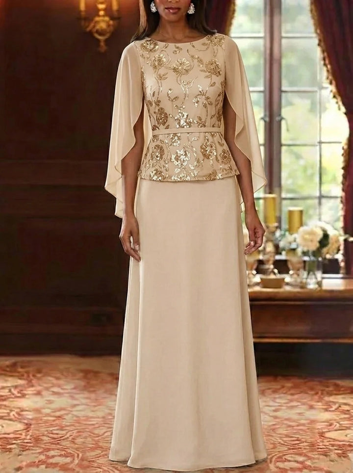 A-Line/Princess Scoop Chiffon Mother of the Bride Dresses Floral Sequins Floor-Length Cape Sleeves