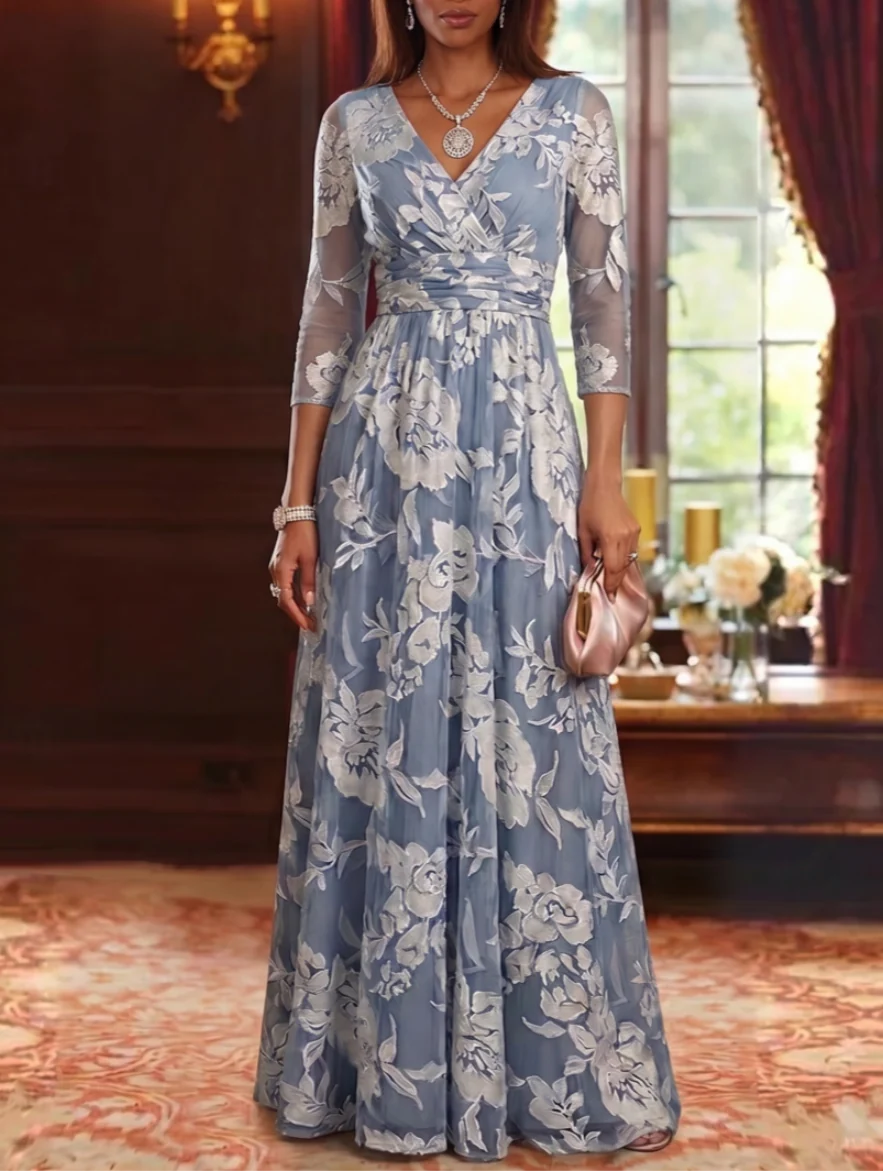 A-Line/Princess V-Neck Burnout Mother of the Bride Dresses Floral 3/4 Sleeves Floor-Length