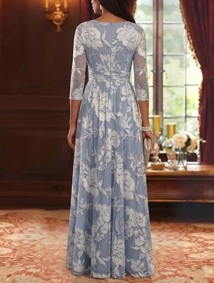 A-Line/Princess V-Neck Burnout Mother of the Bride Dresses Floral 3/4 Sleeves Floor-Length