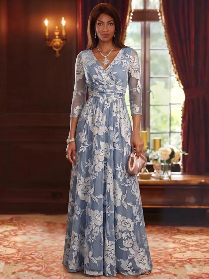A-Line/Princess V-Neck Burnout Mother of the Bride Dresses Floral 3/4 Sleeves Floor-Length
