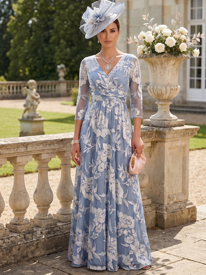 A-Line/Princess V-Neck Burnout Mother of the Bride Dresses Floral 3/4 Sleeves Floor-Length
