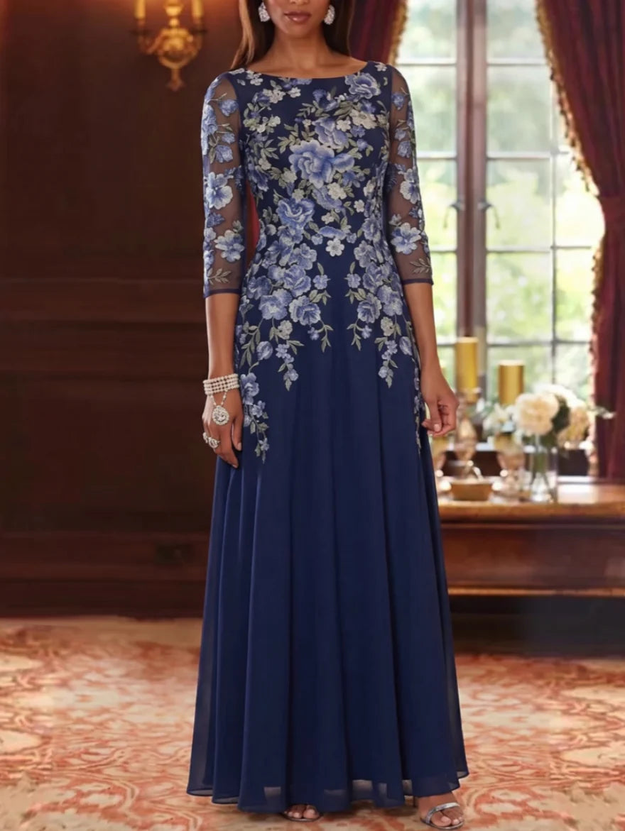 A-Line/Princess Scoop Chiffon Mother of the Bride Dresses Lace Floral 3/4 Sleeves Floor-Length