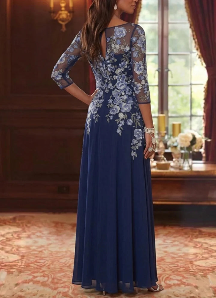 A-Line/Princess Scoop Chiffon Mother of the Bride Dresses Lace Floral 3/4 Sleeves Floor-Length