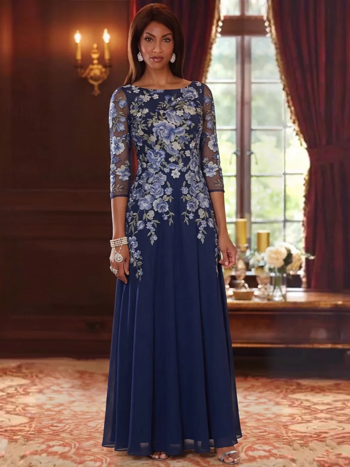 A-Line/Princess Scoop Chiffon Mother of the Bride Dresses Lace Floral 3/4 Sleeves Floor-Length