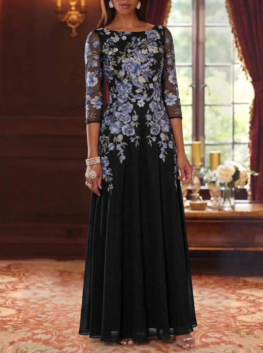 A-Line/Princess Scoop Chiffon Mother of the Bride Dresses Lace Floral 3/4 Sleeves Floor-Length