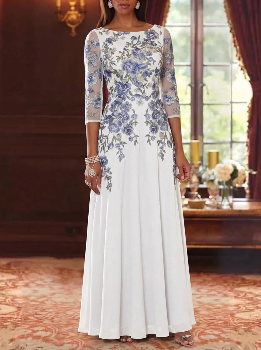 A-Line/Princess Scoop Chiffon Mother of the Bride Dresses Lace Floral 3/4 Sleeves Floor-Length
