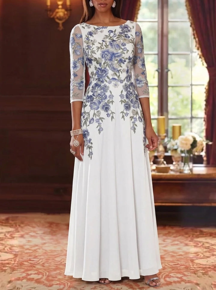 A-Line/Princess Scoop Chiffon Mother of the Bride Dresses Lace Floral 3/4 Sleeves Floor-Length