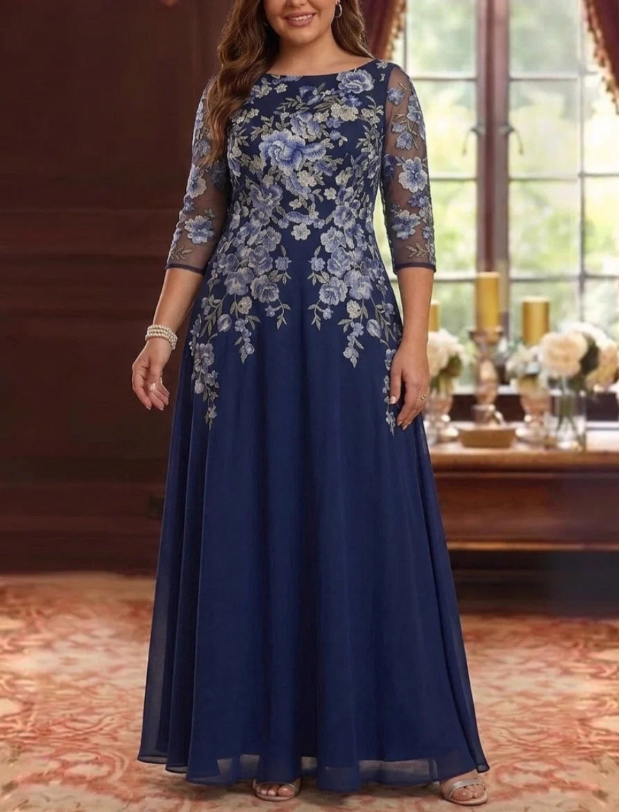 A-Line/Princess Scoop Chiffon Plus Size Mother of the Bride Dresses Lace Floral 3/4 Sleeves Floor-Length