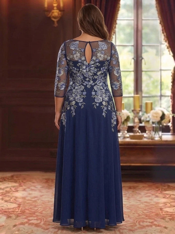 A-Line/Princess Scoop Chiffon Plus Size Mother of the Bride Dresses Lace Floral 3/4 Sleeves Floor-Length