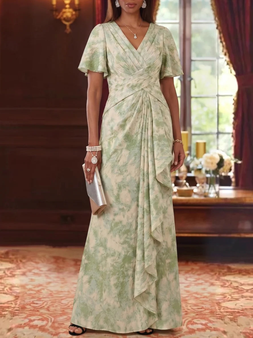 A-Line/Princess V-Neck Jacquard Mother of the Bride Dresses Floor-Length Short Sleeves Ruffles