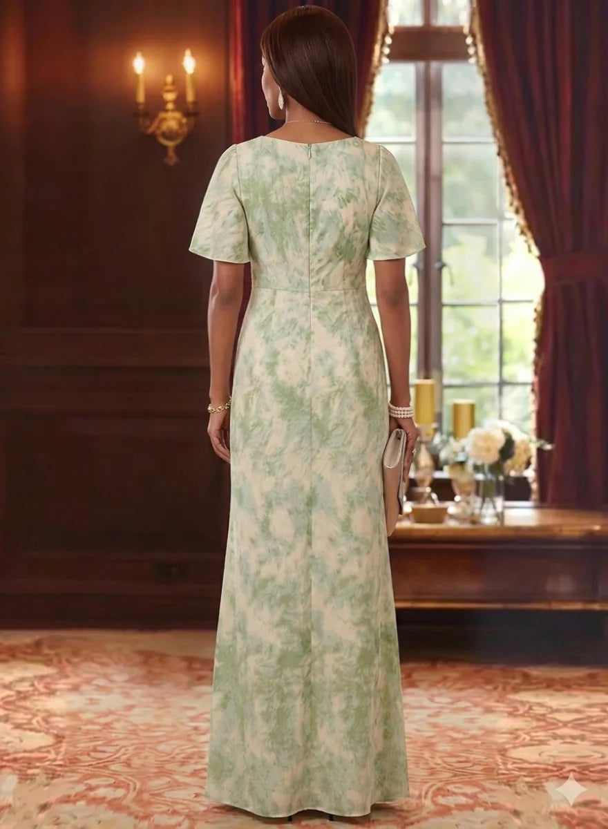 A-Line/Princess V-Neck Jacquard Mother of the Bride Dresses Floor-Length Short Sleeves Ruffles
