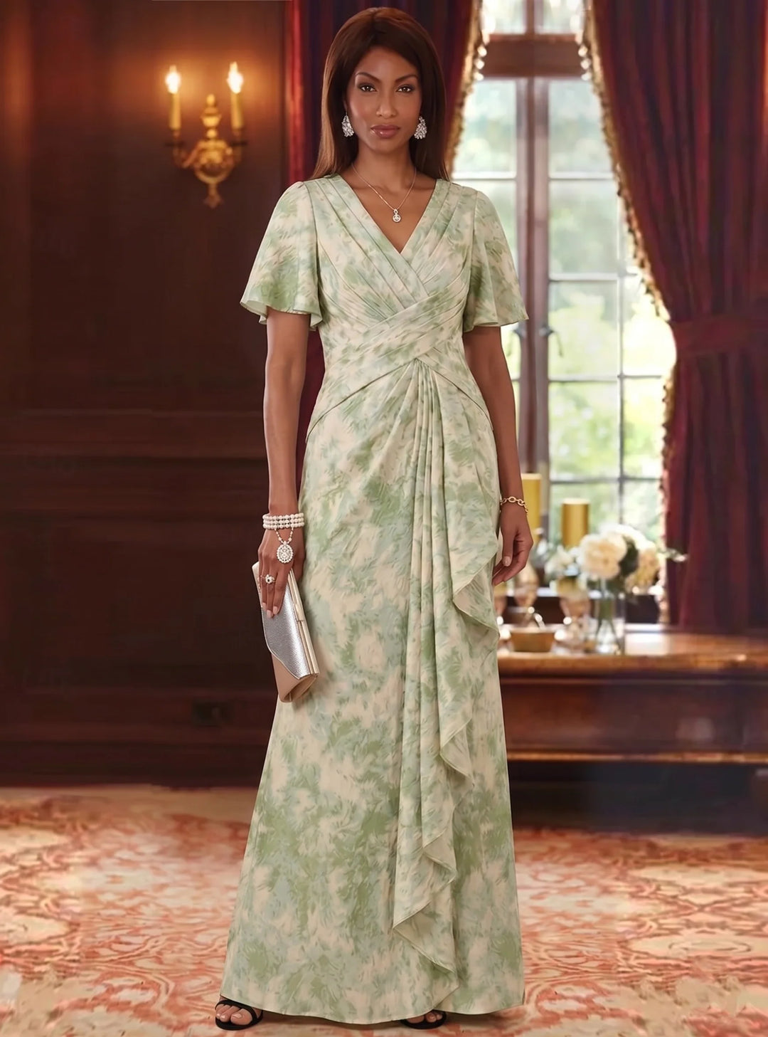 A-Line/Princess V-Neck Jacquard Mother of the Bride Dresses Floor-Length Short Sleeves Ruffles