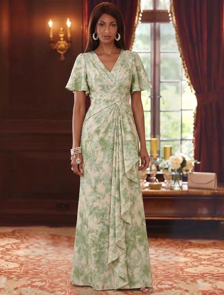 A-Line/Princess V-Neck Jacquard Mother of the Bride Dresses Floor-Length Short Sleeves Ruffles