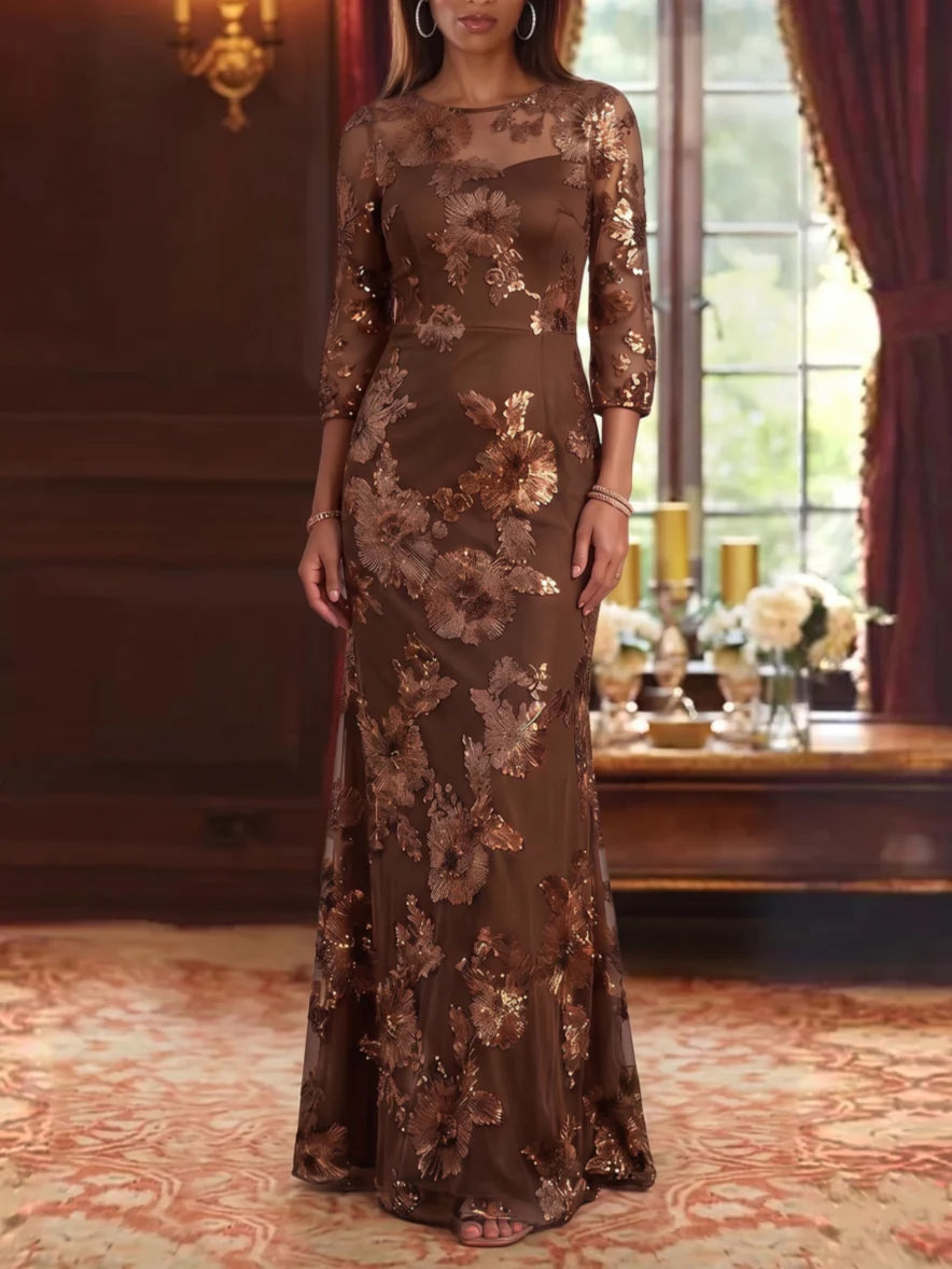 Sheath/Column Scoop Lace Embroidery Mother of the Bride Dresses 3/4 Sleeves Floral Floor-Length