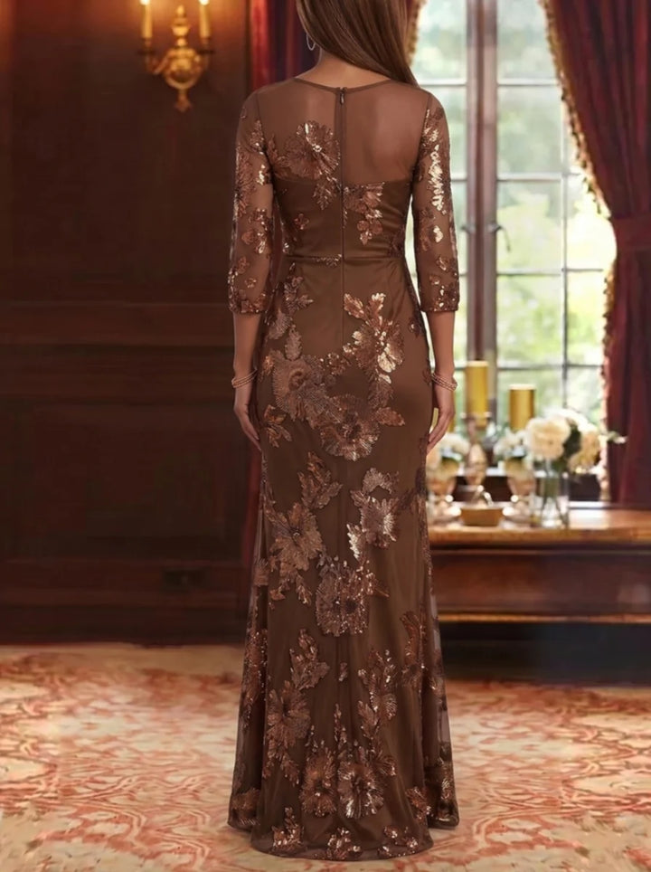 Sheath/Column Scoop Lace Embroidery Mother of the Bride Dresses 3/4 Sleeves Floral Floor-Length