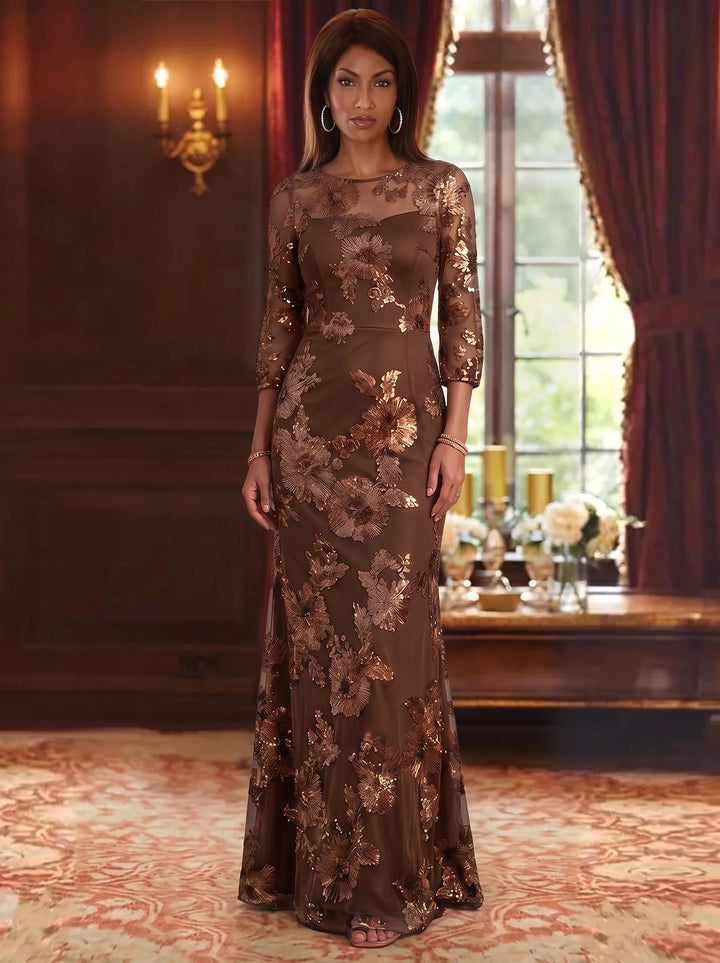 Sheath/Column Scoop Lace Embroidery Mother of the Bride Dresses 3/4 Sleeves Floral Floor-Length