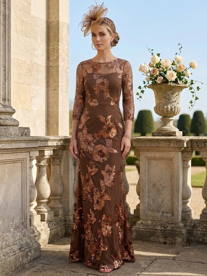 Sheath/Column Scoop Lace Embroidery Mother of the Bride Dresses 3/4 Sleeves Floral Floor-Length