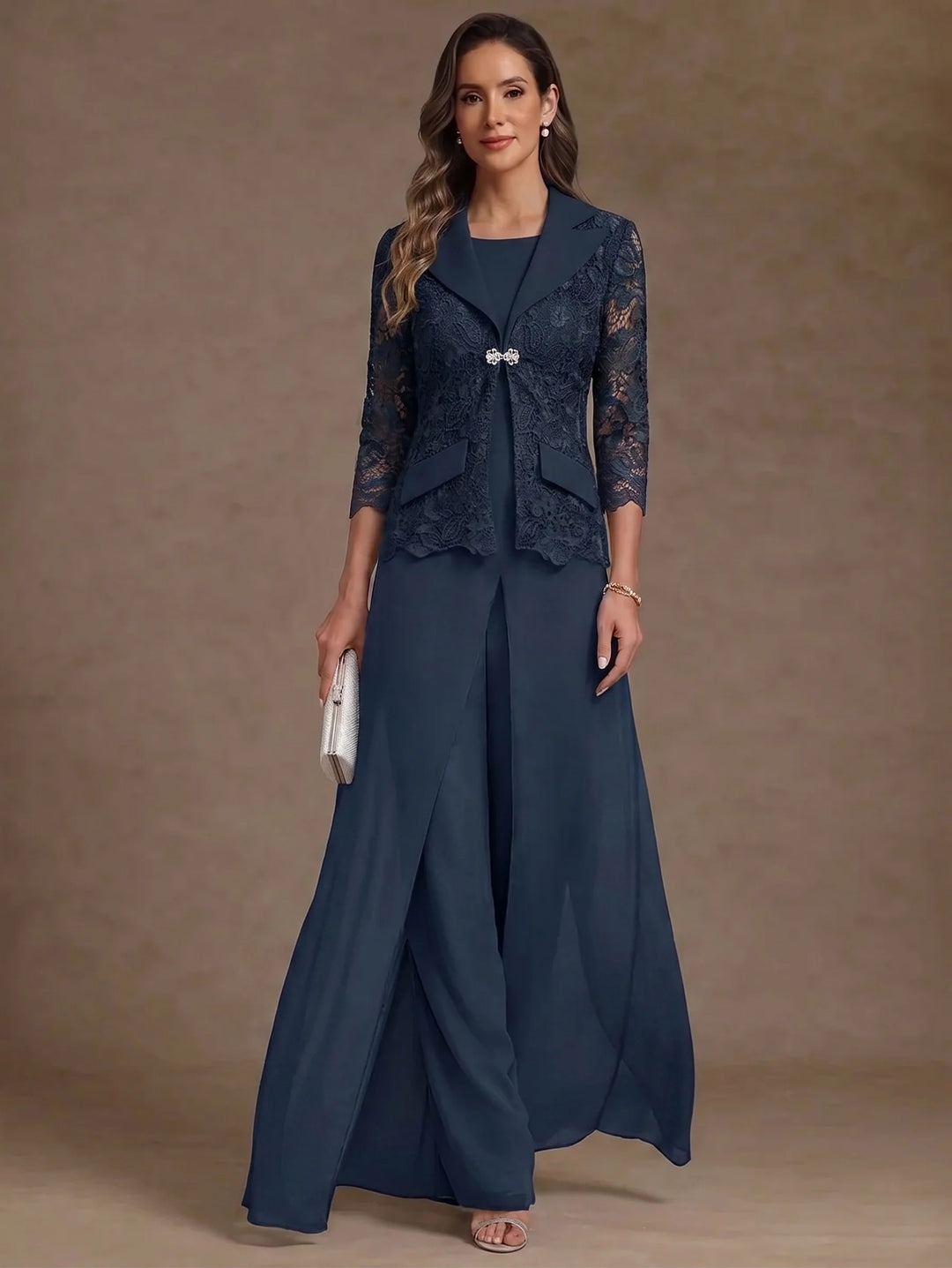 3 Pieces Suit Scoop Chiffon Mother of the Bride Pantsuits with Jacket Overskirt Lace Ankle-Length 3/4 Sleeves
