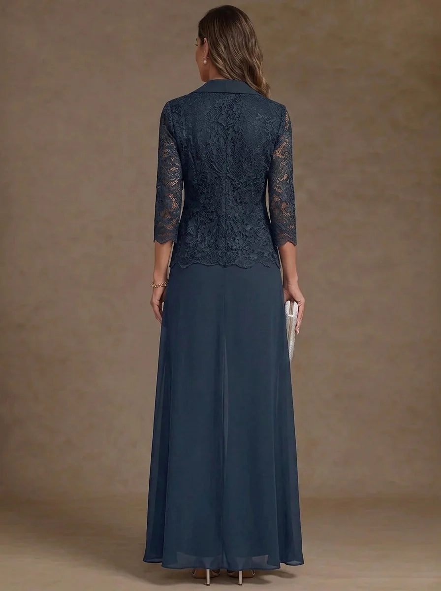 3 Pieces Suit Scoop Chiffon Mother of the Bride Pantsuits with Jacket Overskirt Lace Ankle-Length 3/4 Sleeves