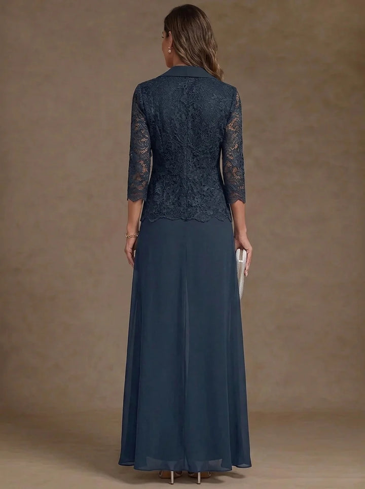 3 Pieces Suit Scoop Chiffon Mother of the Bride Pantsuits with Jacket Overskirt Lace Ankle-Length 3/4 Sleeves