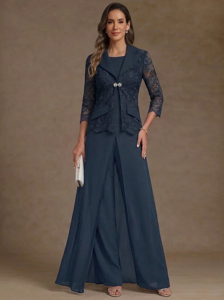 3 Pieces Suit Scoop Chiffon Mother of the Bride Pantsuits with Jacket Overskirt Lace Ankle-Length 3/4 Sleeves