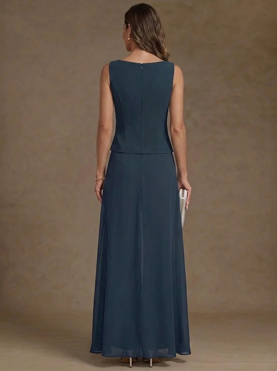 3 Pieces Suit Scoop Chiffon Mother of the Bride Pantsuits with Jacket Overskirt Lace Ankle-Length 3/4 Sleeves