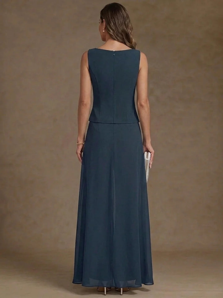3 Pieces Suit Scoop Chiffon Mother of the Bride Pantsuits with Jacket Overskirt Lace Ankle-Length 3/4 Sleeves