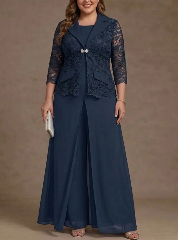 3 Pieces Suit Scoop Chiffon Plus Size Mother of the Bride Pantsuits with Jacket Overskirt Lace Ankle-Length 3/4 Sleeves