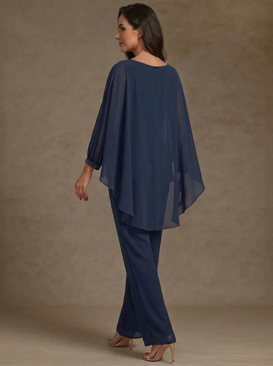 2 Pieces Suit Scoop Chiffon Mother of the Bride Pantsuits Ankle-Length Long Sleeves Ruffles