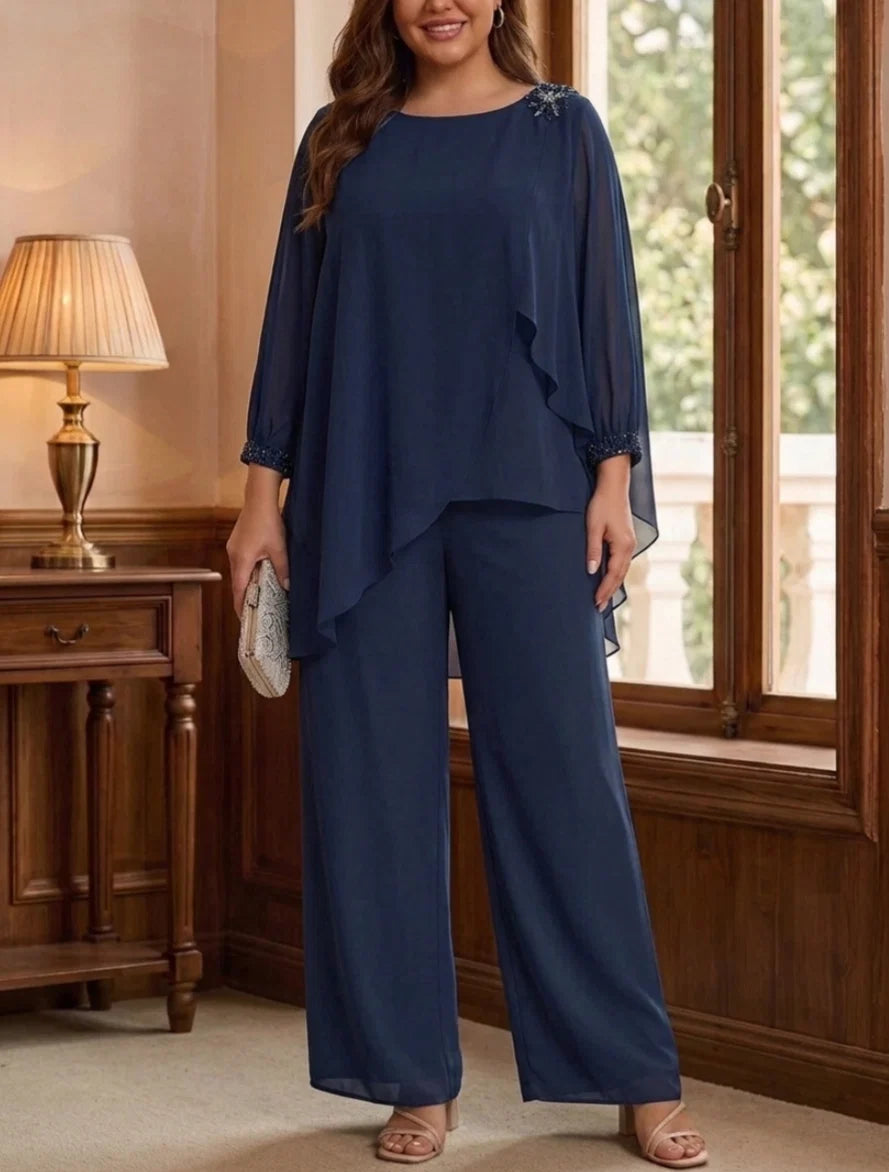 2 Pieces Suit Scoop Chiffon Plus Size Mother of the Bride Pantsuits Ankle-Length Long Sleeves Ruffles