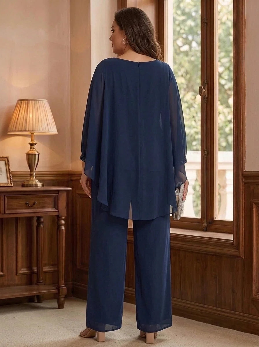 2 Pieces Suit Scoop Chiffon Plus Size Mother of the Bride Pantsuits Ankle-Length Long Sleeves Ruffles