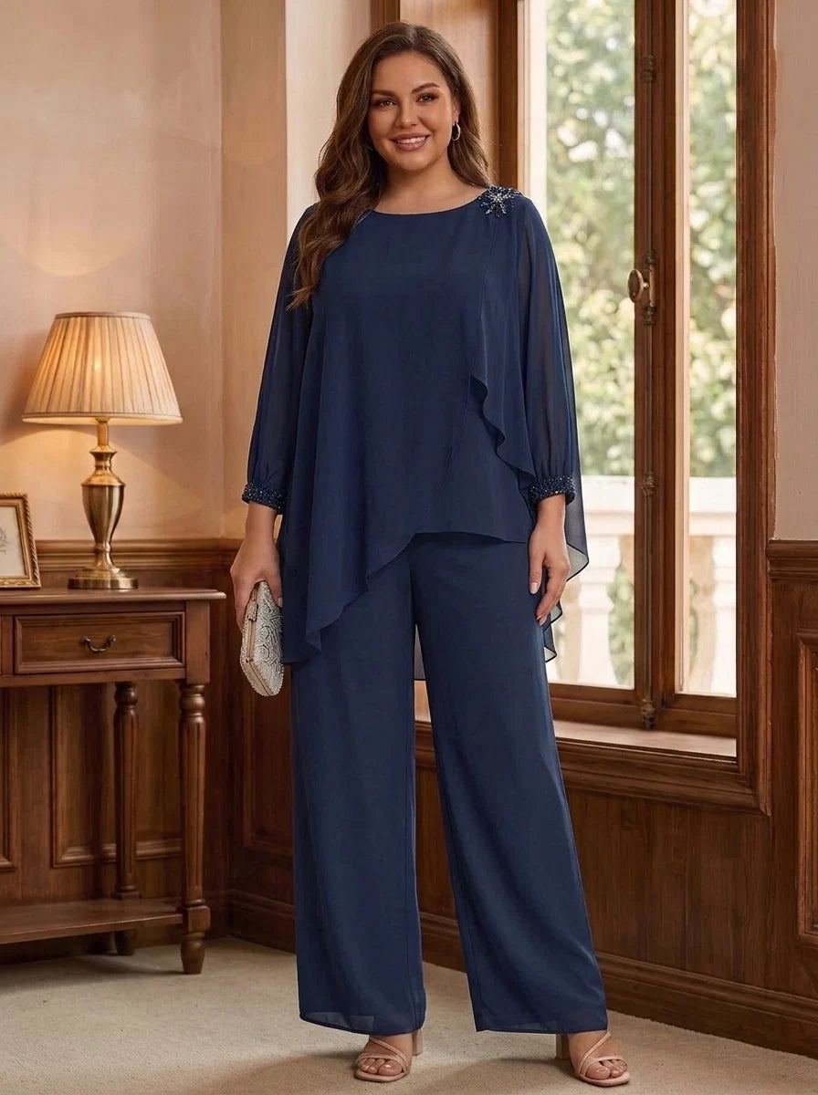 2 Pieces Suit Scoop Chiffon Plus Size Mother of the Bride Pantsuits Ankle-Length Long Sleeves Ruffles