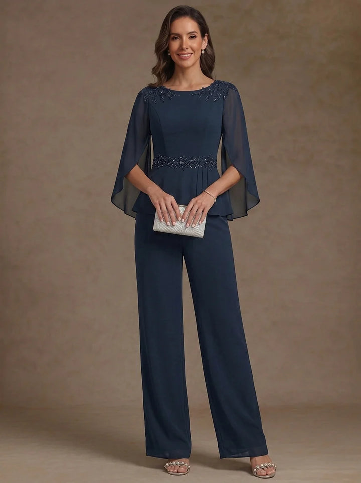2 Pieces Suit Scoop Chiffon Mother of the Bride Pantsuits Ankle-Length 3/4 Sleeves Beading
