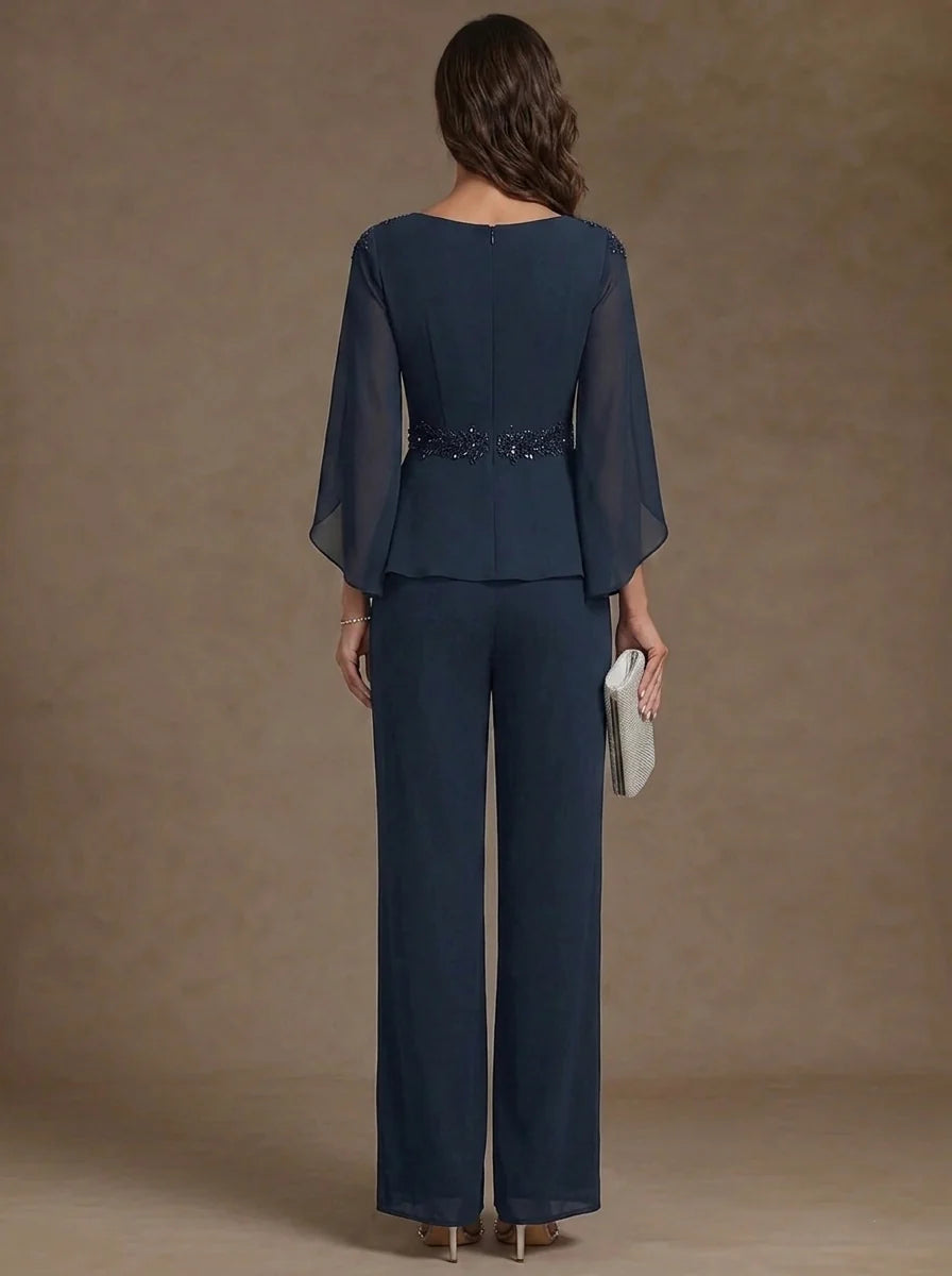 2 Pieces Suit Scoop Chiffon Mother of the Bride Pantsuits Ankle-Length 3/4 Sleeves Beading